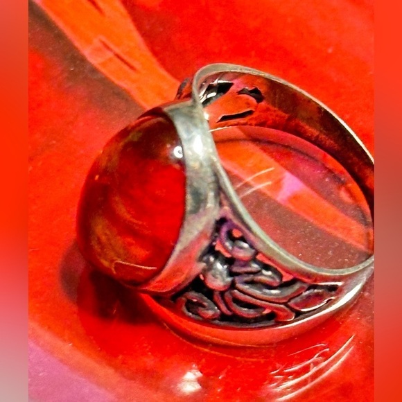 ZIV Amber Ring Sterling silver filigree cabochon Bezel set oval signed 6 5505 YA - Picture 13 of 15